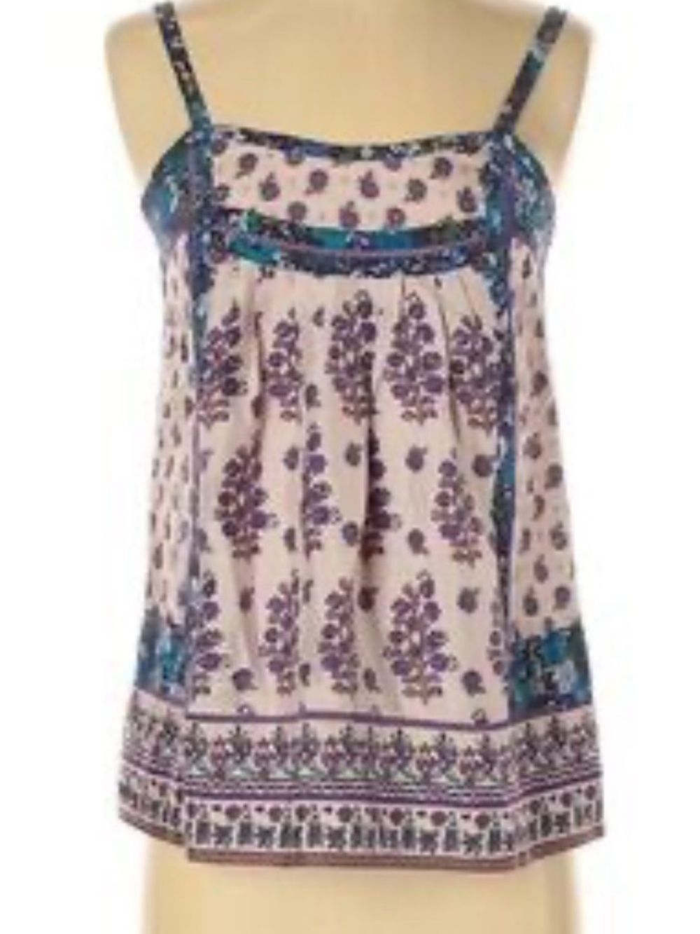 Rebecca Taylor Cream Camisole 100% silk with Purple & Teal Floral Print Sz 6